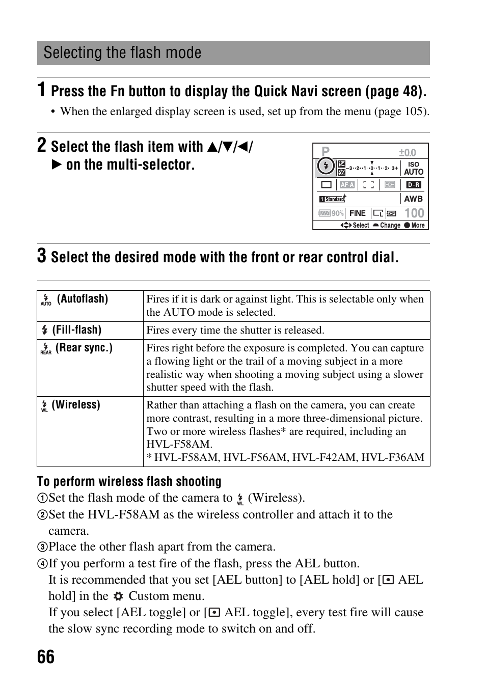 Selecting the flash mode, Flash (66) | Sony A900 User Manual | Page 66 / 174