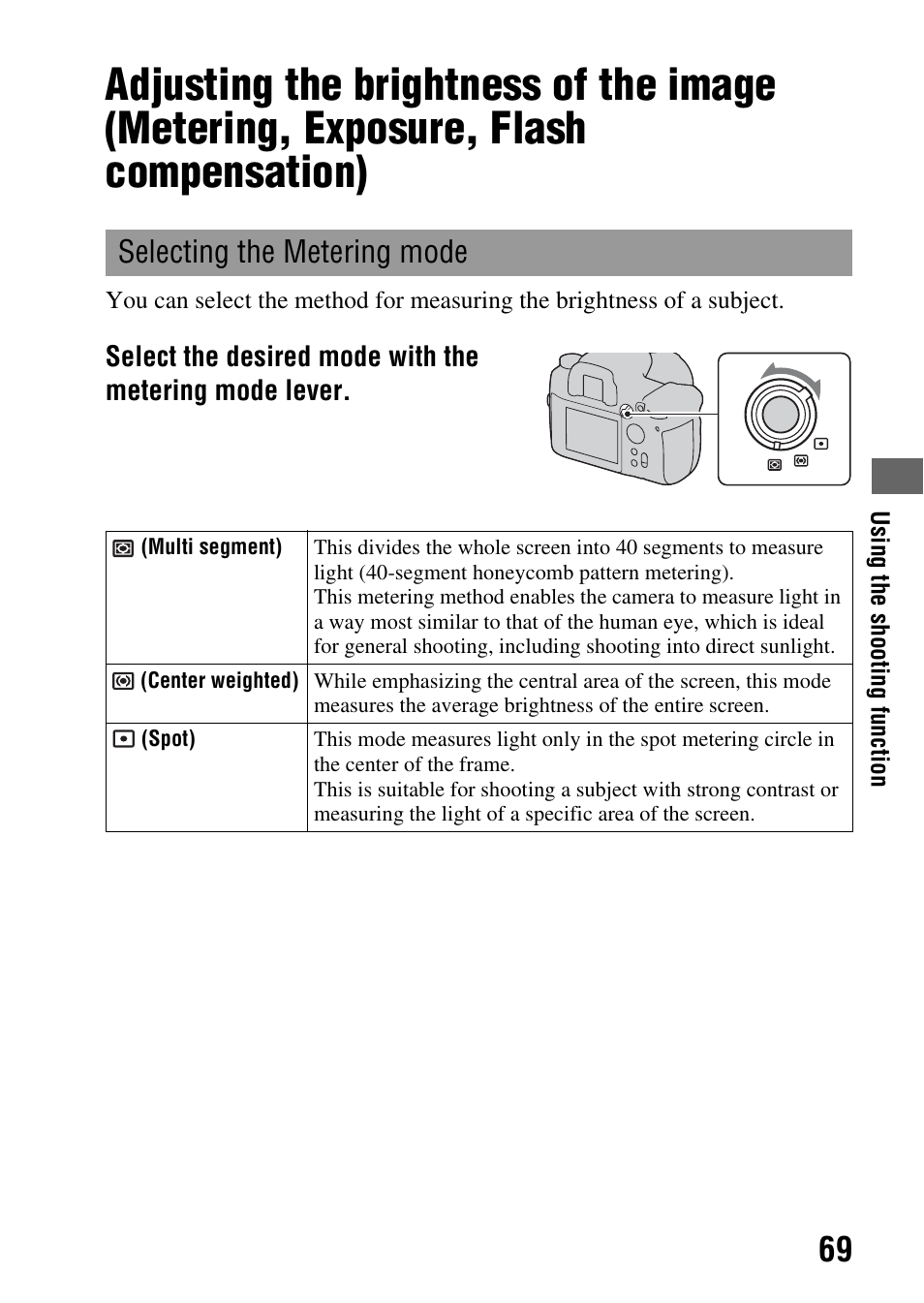 Selecting the metering mode, Flash compensation) selecting the metering mode, Ng (69) | Ng area (69) | Sony A900 User Manual | Page 69 / 174