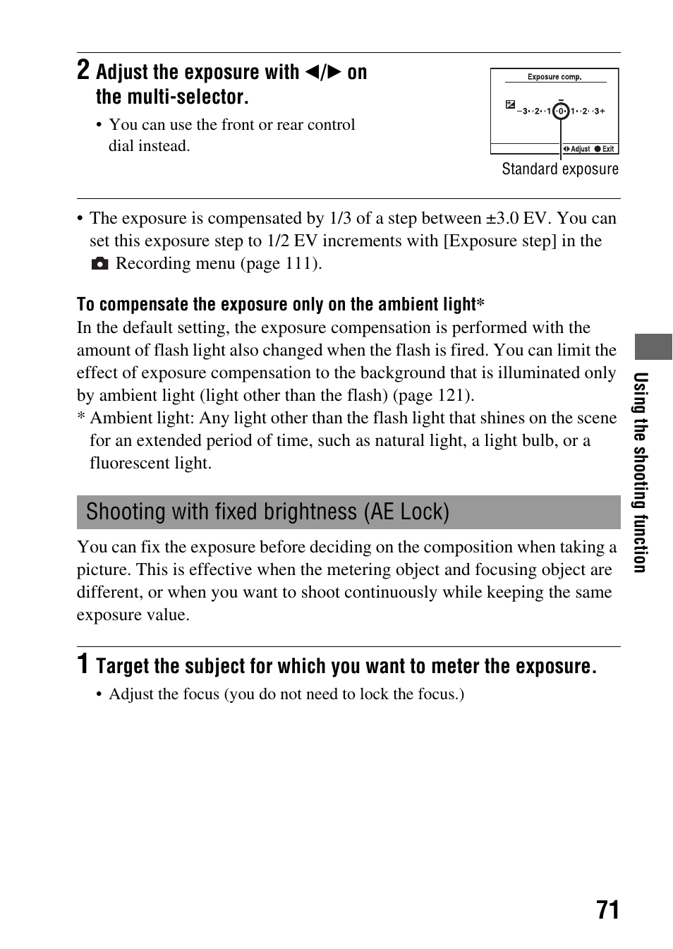 Shooting with fixed brightness (ae lock), N (71), Lock (71) | Sony A900 User Manual | Page 71 / 174