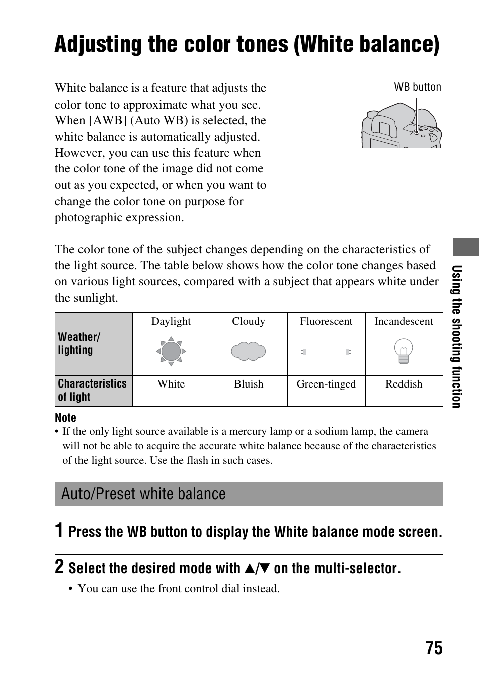 Adjusting the color tones (white balance), Auto/preset white balance | Sony A900 User Manual | Page 75 / 174