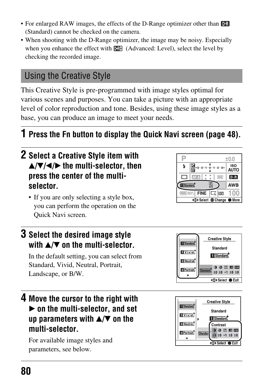 Using the creative style, E (80) | Sony A900 User Manual | Page 80 / 174