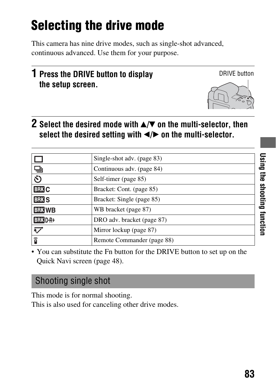 Selecting the drive mode, Shooting single shot, N (83 | N (83), De (83) | Sony A900 User Manual | Page 83 / 174