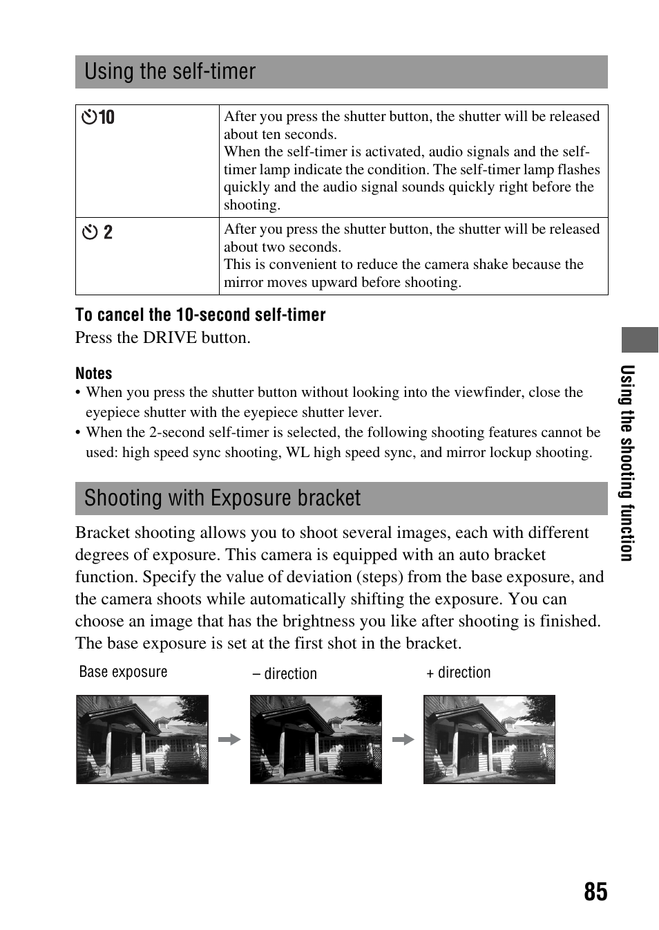 Using the self-timer, Shooting with exposure bracket, Lamp (85) | Sony A900 User Manual | Page 85 / 174