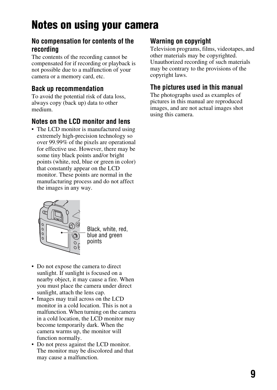 Notes on using your camera | Sony A900 User Manual | Page 9 / 174