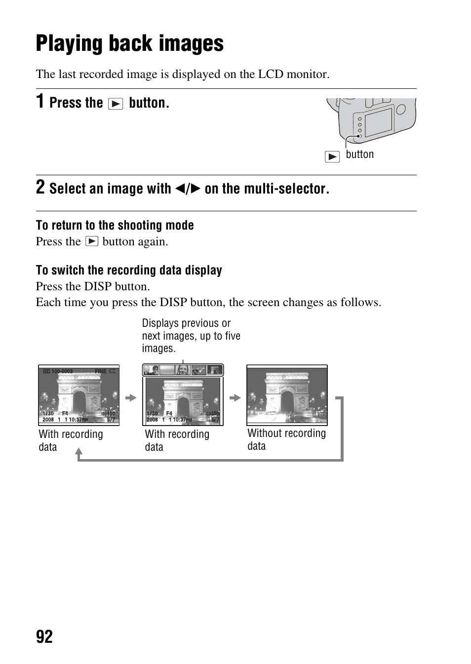 Using the viewing function, Playing back images, N (92) | Tton (92) | Sony A900 User Manual | Page 92 / 174