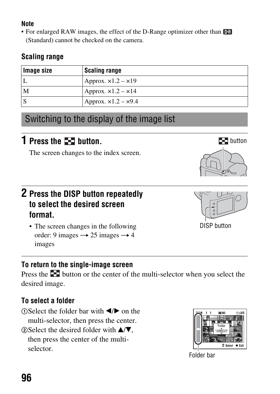 N (96), Switching to the display of the image list, Press the button | Sony A900 User Manual | Page 96 / 174