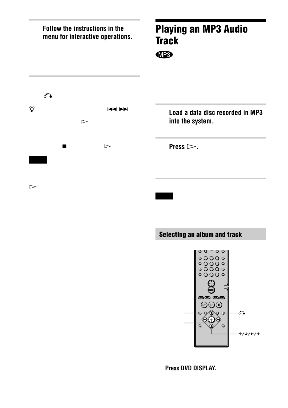 Playing an mp3 audio track, Load a data disc recorded in mp3 into the system, Press h | Selecting an album and track | Sony DAV-C770 User Manual | Page 36 / 88