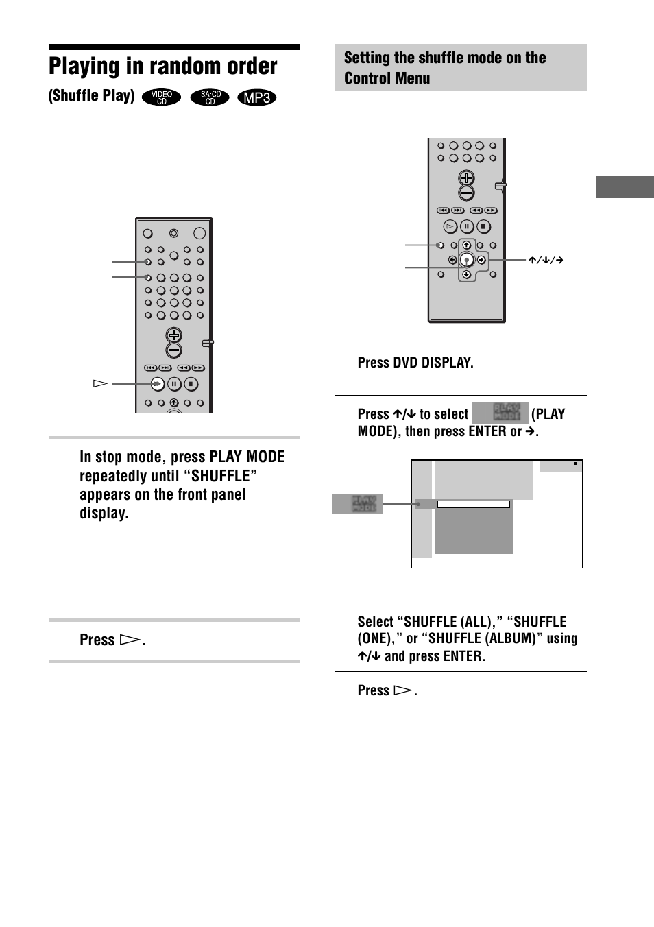 Playing in random order, Pla ying discs, Shuffle play) | Press h, Setting the shuffle mode on the control menu | Sony DAV-C770 User Manual | Page 41 / 88