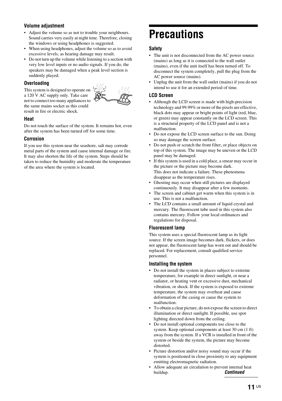 Precautions | Sony TAV-L1 User Manual | Page 11 / 88