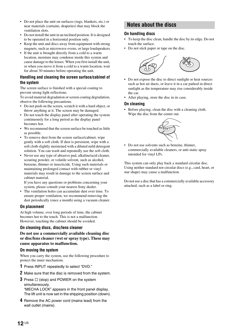 Notes about the discs | Sony TAV-L1 User Manual | Page 12 / 88