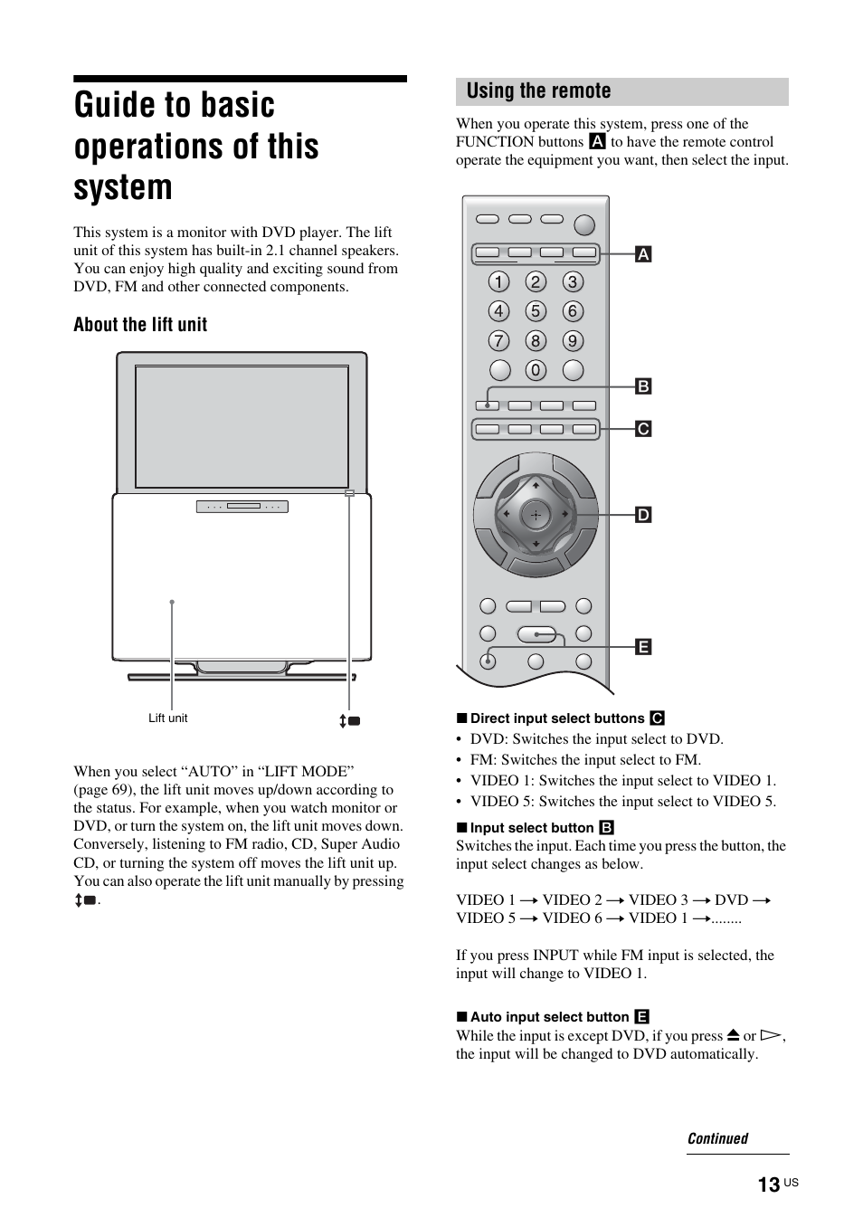 Guide to basic operations of this system, Guide to basic operations of this, System | Using the remote | Sony TAV-L1 User Manual | Page 13 / 88