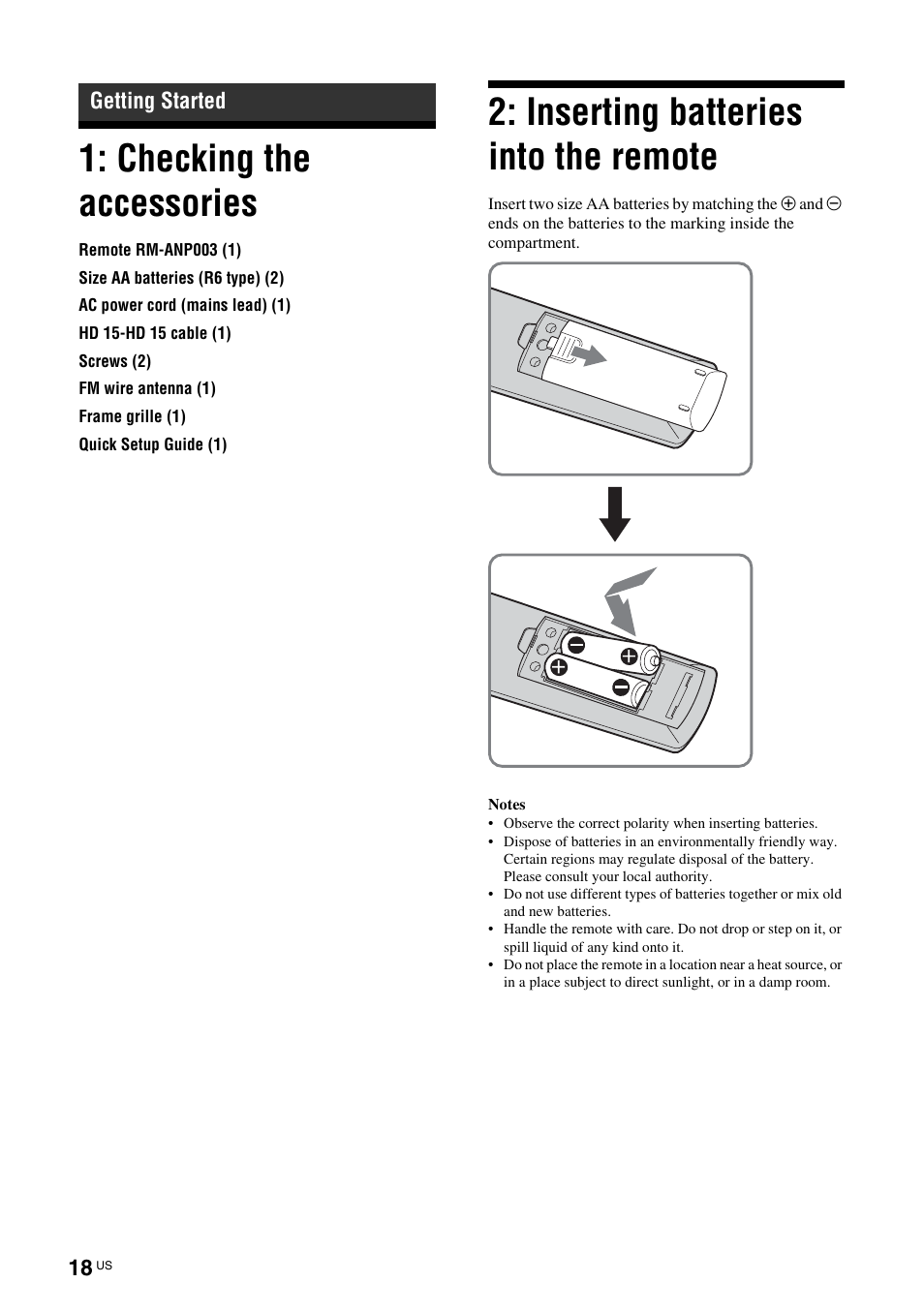 Getting started, Checking the accessories, Inserting batteries into the remote | Sony TAV-L1 User Manual | Page 18 / 88