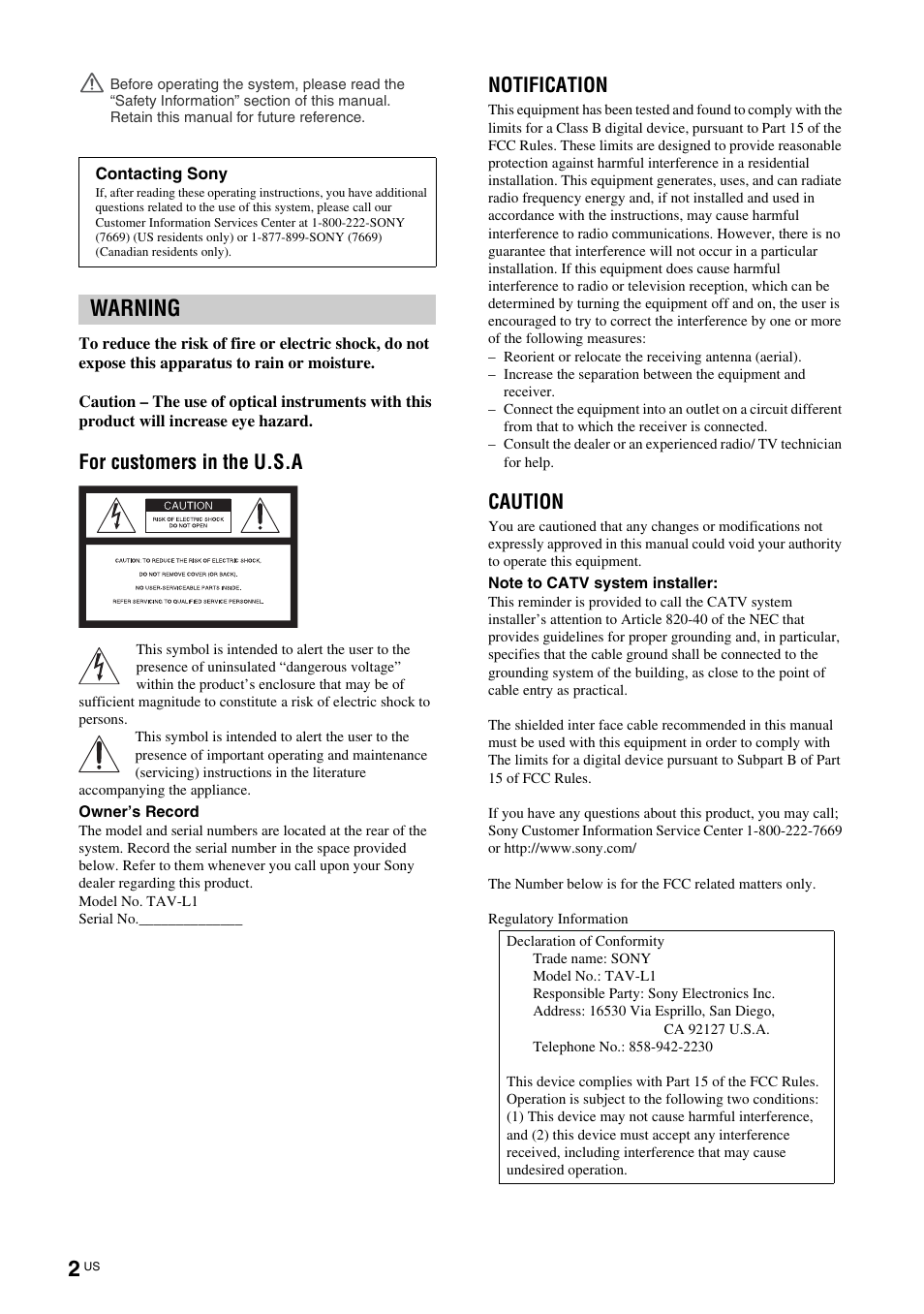 Warning, For customers in the u.s.a, Notification | Caution | Sony TAV-L1 User Manual | Page 2 / 88