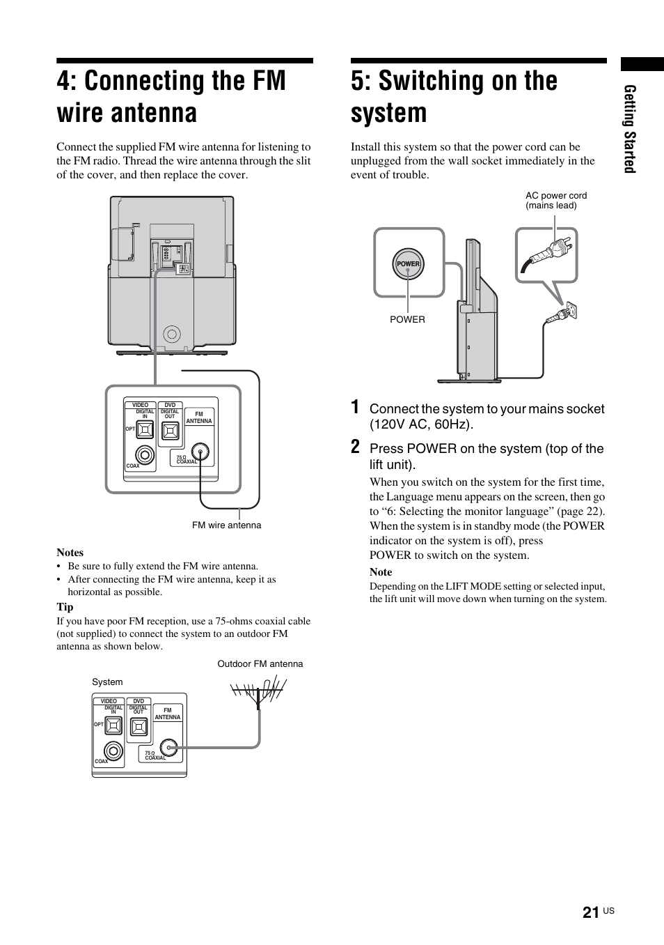 Connecting the fm wire antenna, Switching on the system, Ge tting started | Press power on the system (top of the lift unit) | Sony TAV-L1 User Manual | Page 21 / 88