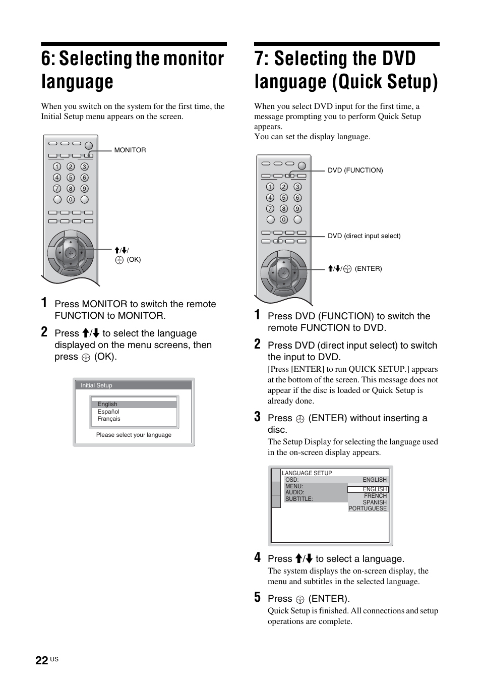 Selecting the monitor language, Selecting the dvd language (quick setup), Selecting the dvd language | Quick setup) | Sony TAV-L1 User Manual | Page 22 / 88