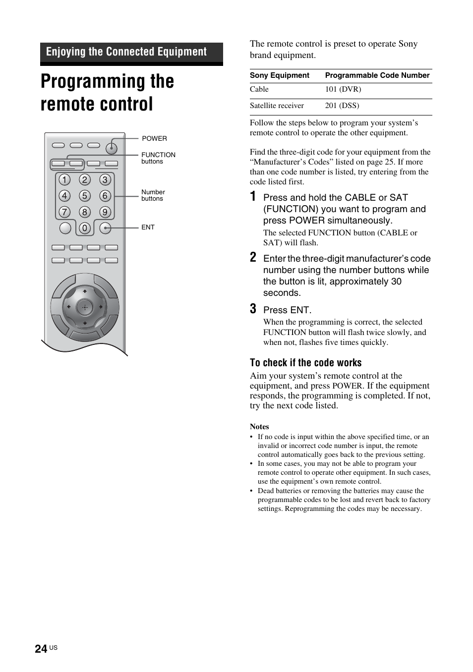 Enjoying the connected equipment, Programming the remote control | Sony TAV-L1 User Manual | Page 24 / 88