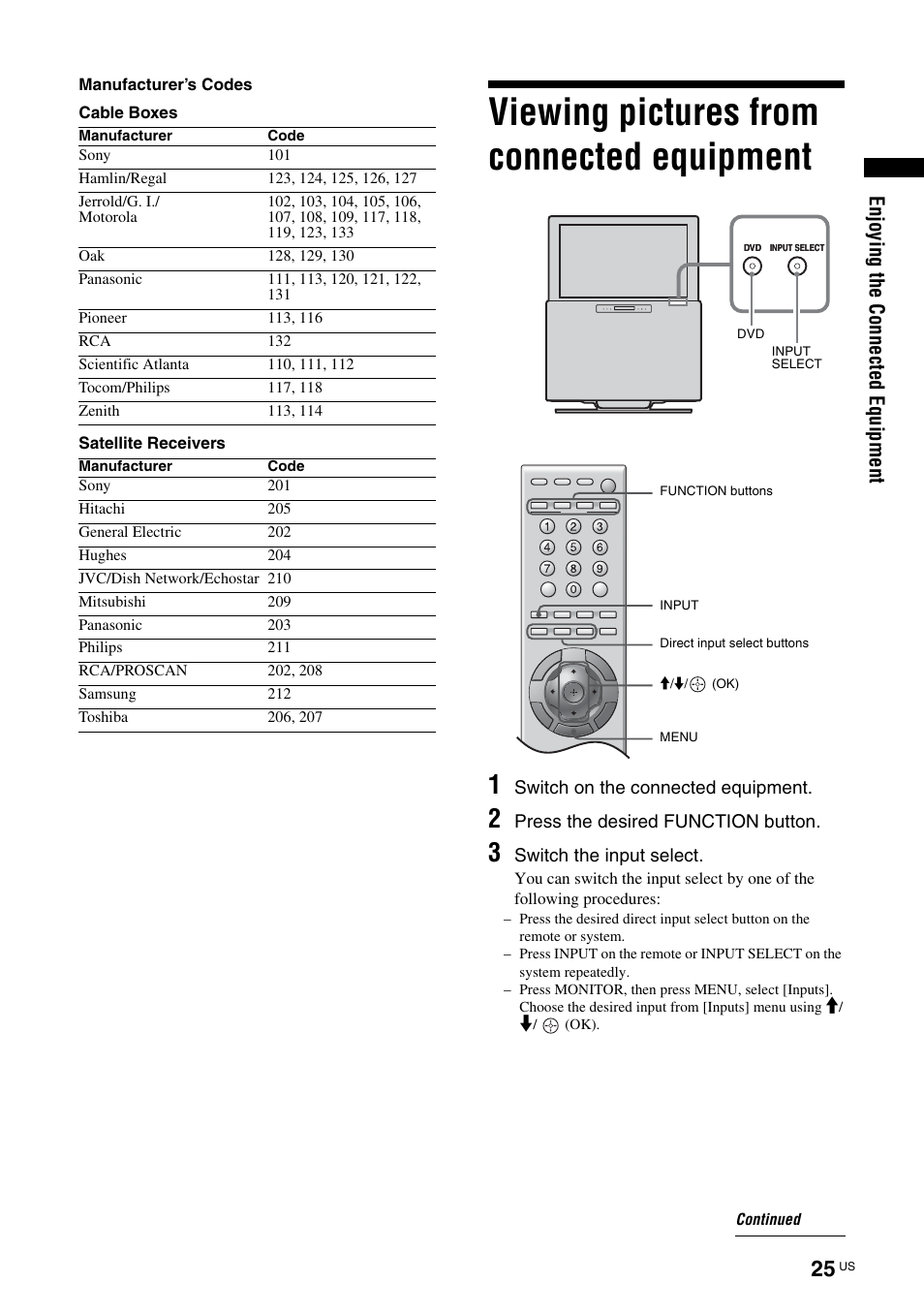 Viewing pictures from connected equipment, Viewing pictures from connected, Equipment | En joying th e co nn ected e qui pment | Sony TAV-L1 User Manual | Page 25 / 88