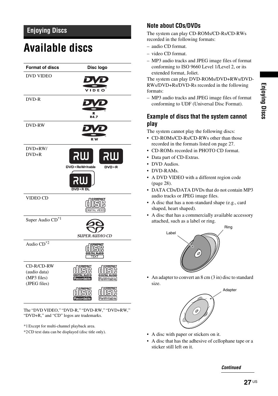 Enjoying discs, Available discs | Sony TAV-L1 User Manual | Page 27 / 88