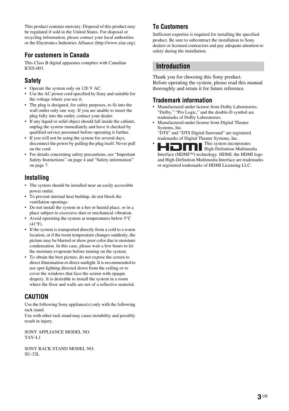 Introduction, For customers in canada, Safety | Installing, Caution, Trademark information | Sony TAV-L1 User Manual | Page 3 / 88