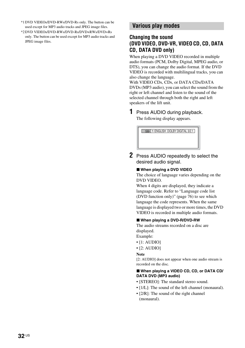 Various play modes | Sony TAV-L1 User Manual | Page 32 / 88