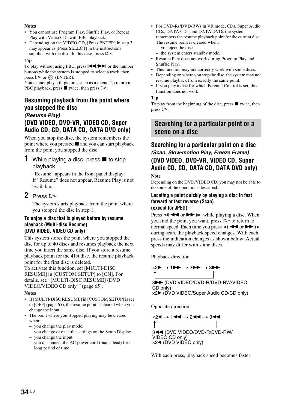 Resume play), Scan, slow-motion play, freeze frame), Searching for a particular point or a scene on a | Disc (scan, slow-motion play, freeze frame) | Sony TAV-L1 User Manual | Page 34 / 88