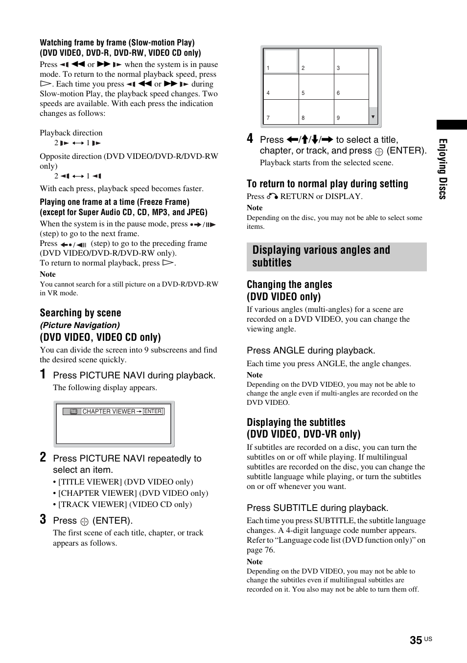 Picture navigation), Displaying various angles and subtitles | Sony TAV-L1 User Manual | Page 35 / 88