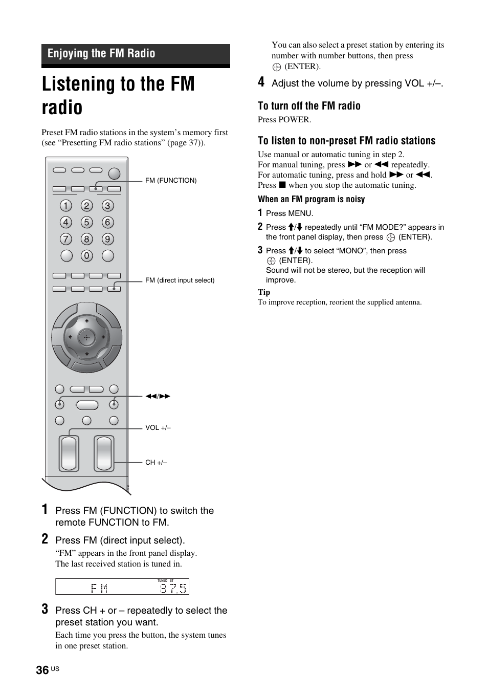 Enjoying the fm radio, Listening to the fm radio | Sony TAV-L1 User Manual | Page 36 / 88