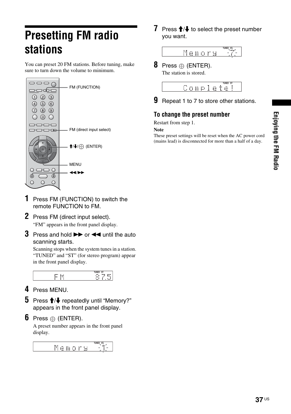 Presetting fm radio stations | Sony TAV-L1 User Manual | Page 37 / 88