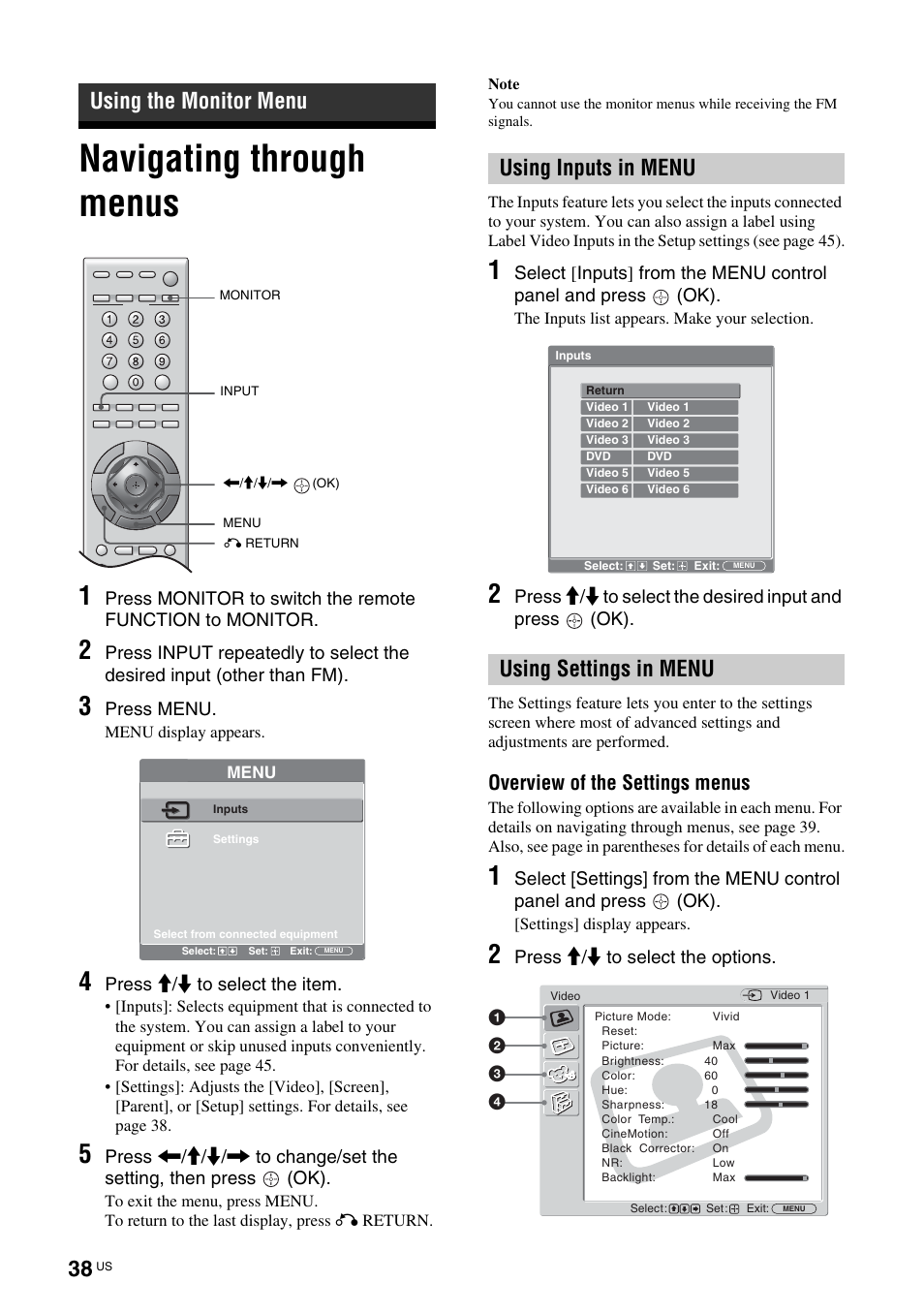 Using the monitor menu, Navigating through menus, Using inputs in menu using settings in menu | Overview of the settings menus | Sony TAV-L1 User Manual | Page 38 / 88