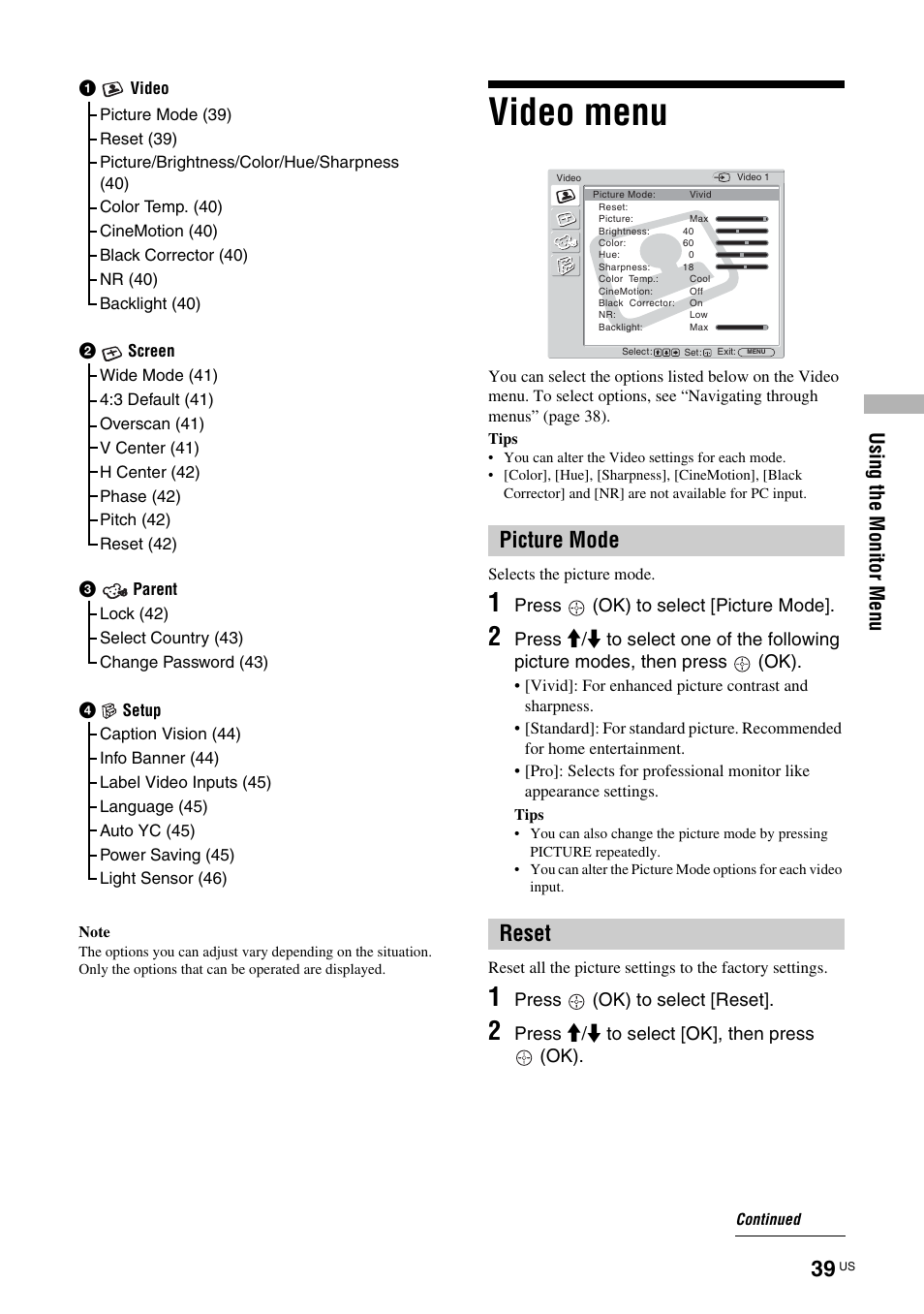 Video menu, Picture mode reset, Usi ng the mo nit o r men u | Sony TAV-L1 User Manual | Page 39 / 88