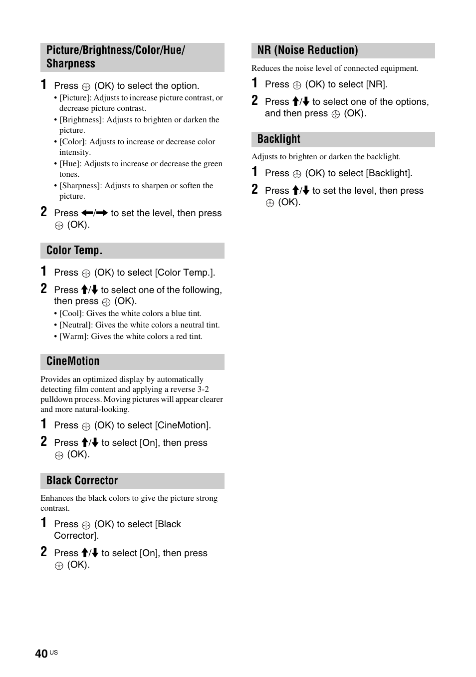 N (40), K corrector (40), T (40) | Sony TAV-L1 User Manual | Page 40 / 88