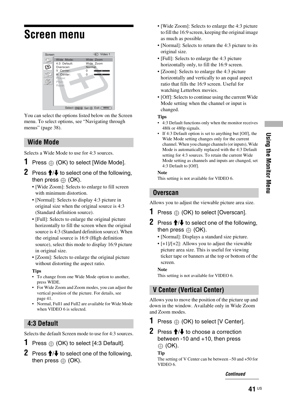 Screen menu, Wide mode 4:3 default, Overscan v center (vertical center) | Sony TAV-L1 User Manual | Page 41 / 88