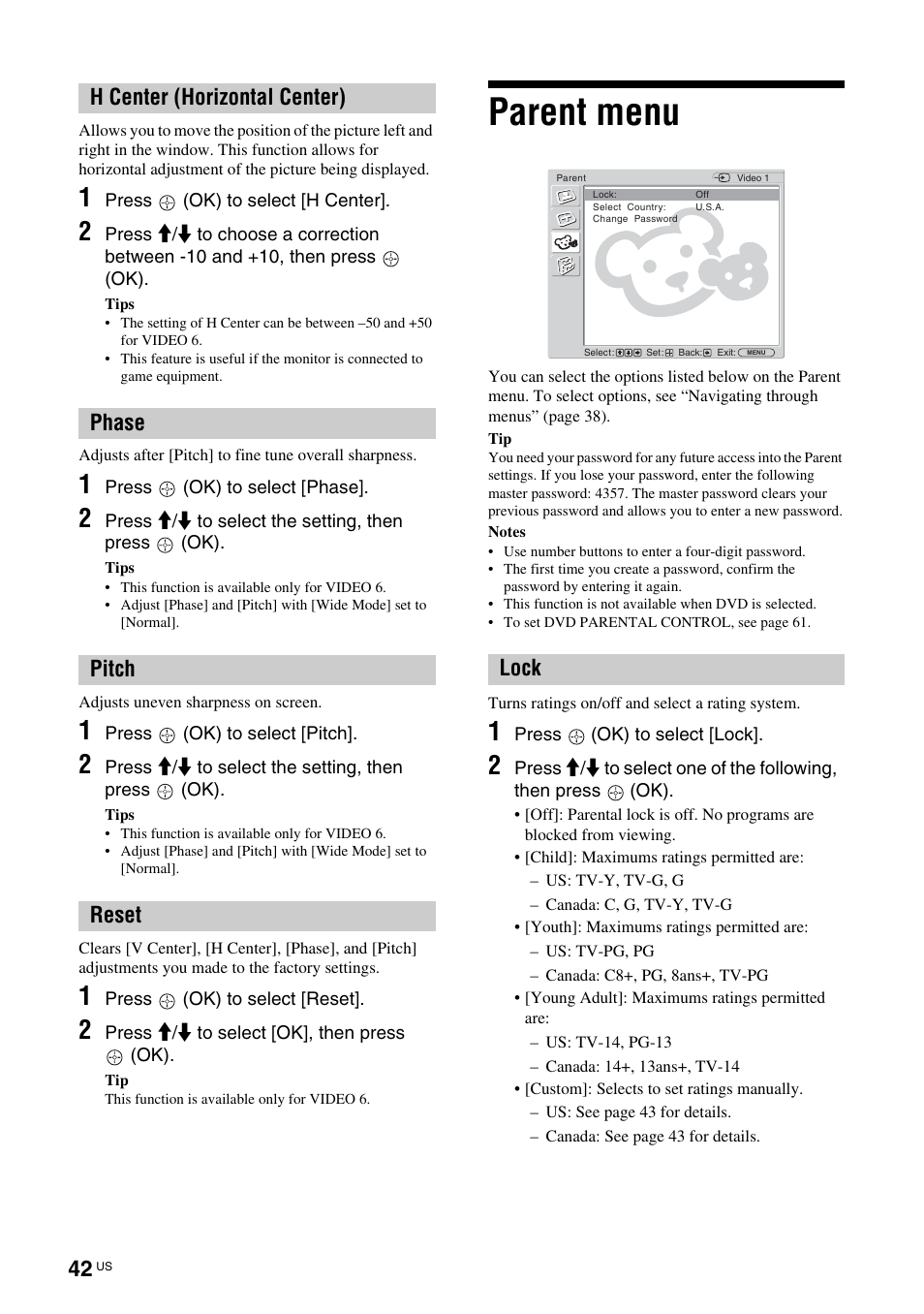 Parent menu, Nter (42), Ase (42) | Pitch (42) | Sony TAV-L1 User Manual | Page 42 / 88