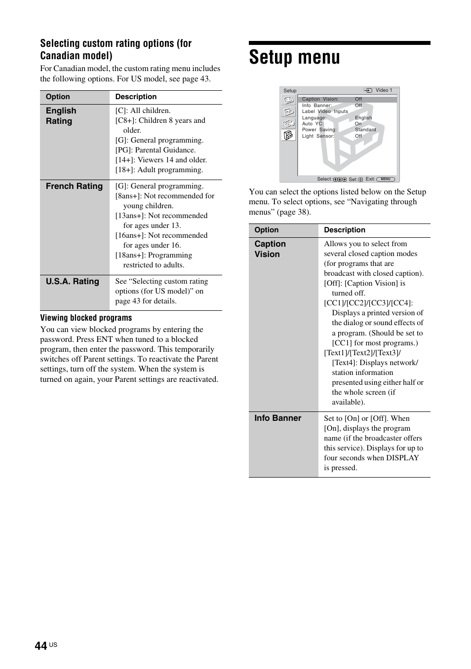 Setup menu | Sony TAV-L1 User Manual | Page 44 / 88