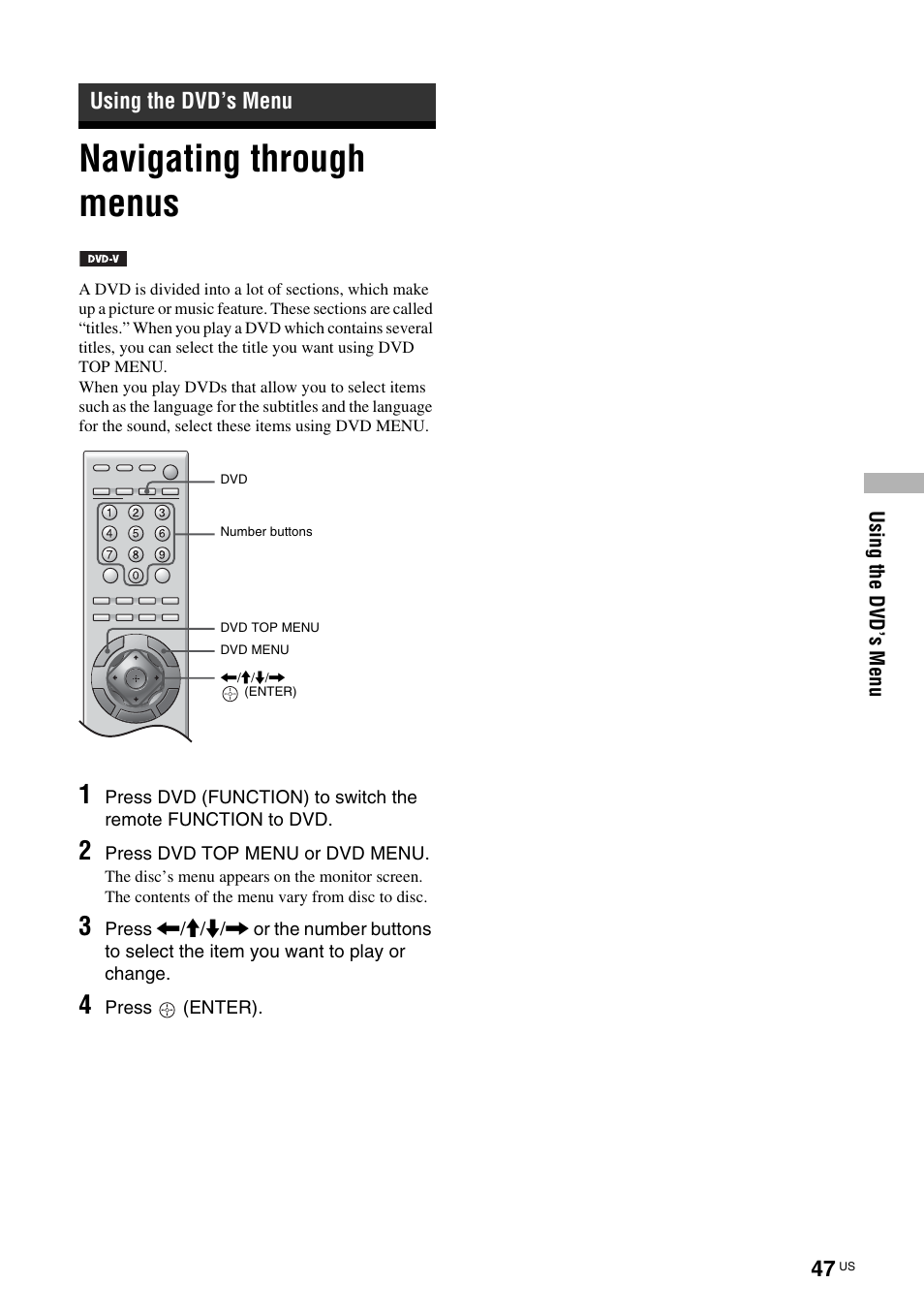 Using the dvd’s menu, Navigating through menus | Sony TAV-L1 User Manual | Page 47 / 88