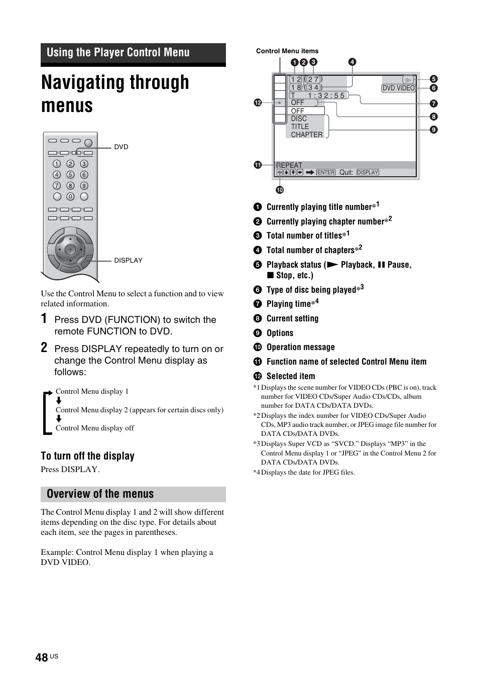 Using the player control menu, Navigating through menus, Overview of the menus | Sony TAV-L1 User Manual | Page 48 / 88