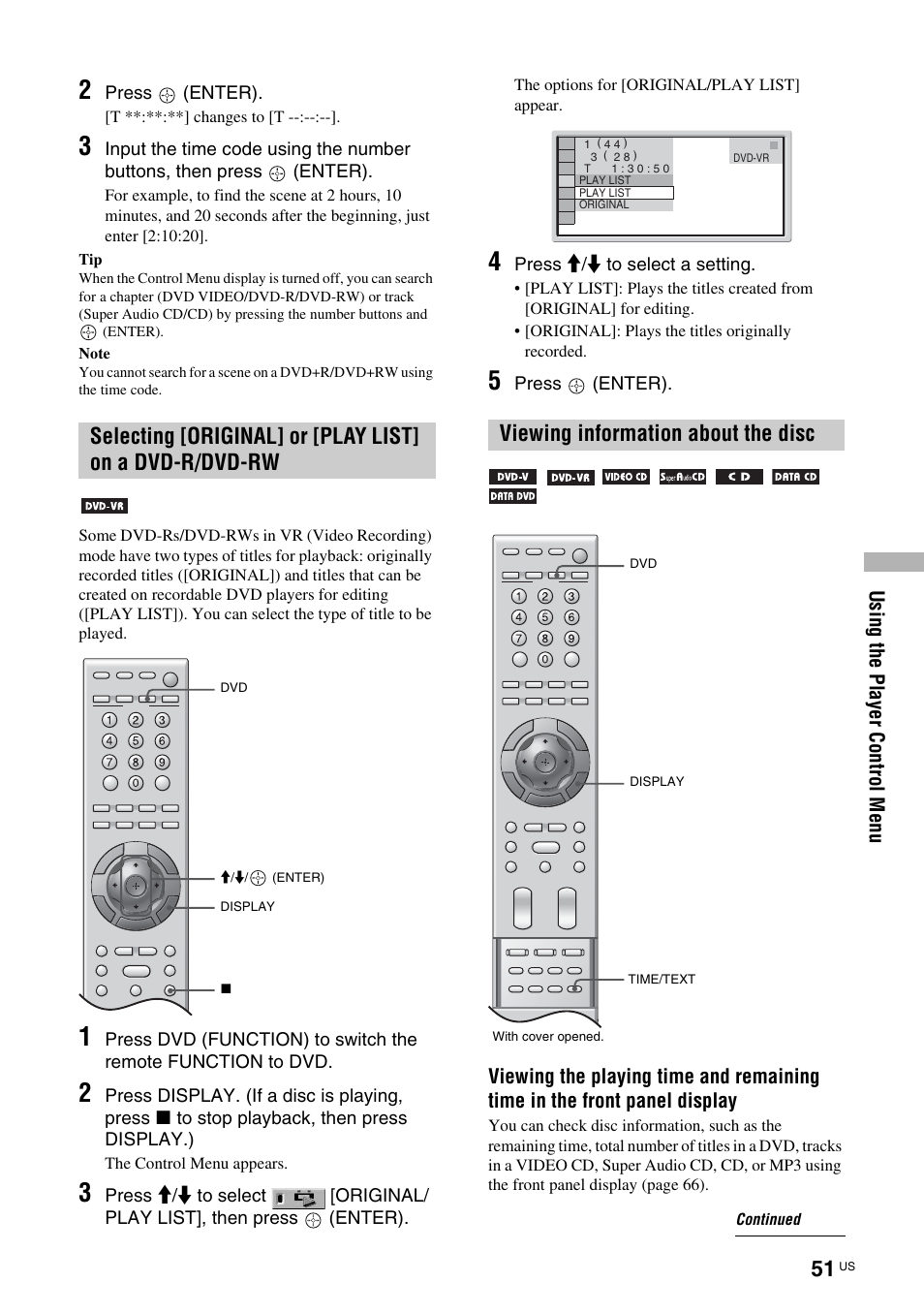 Viewing information about the disc, Selecting [original] or [play list] on a, Dvd-r/dvd-rw | Sony TAV-L1 User Manual | Page 51 / 88