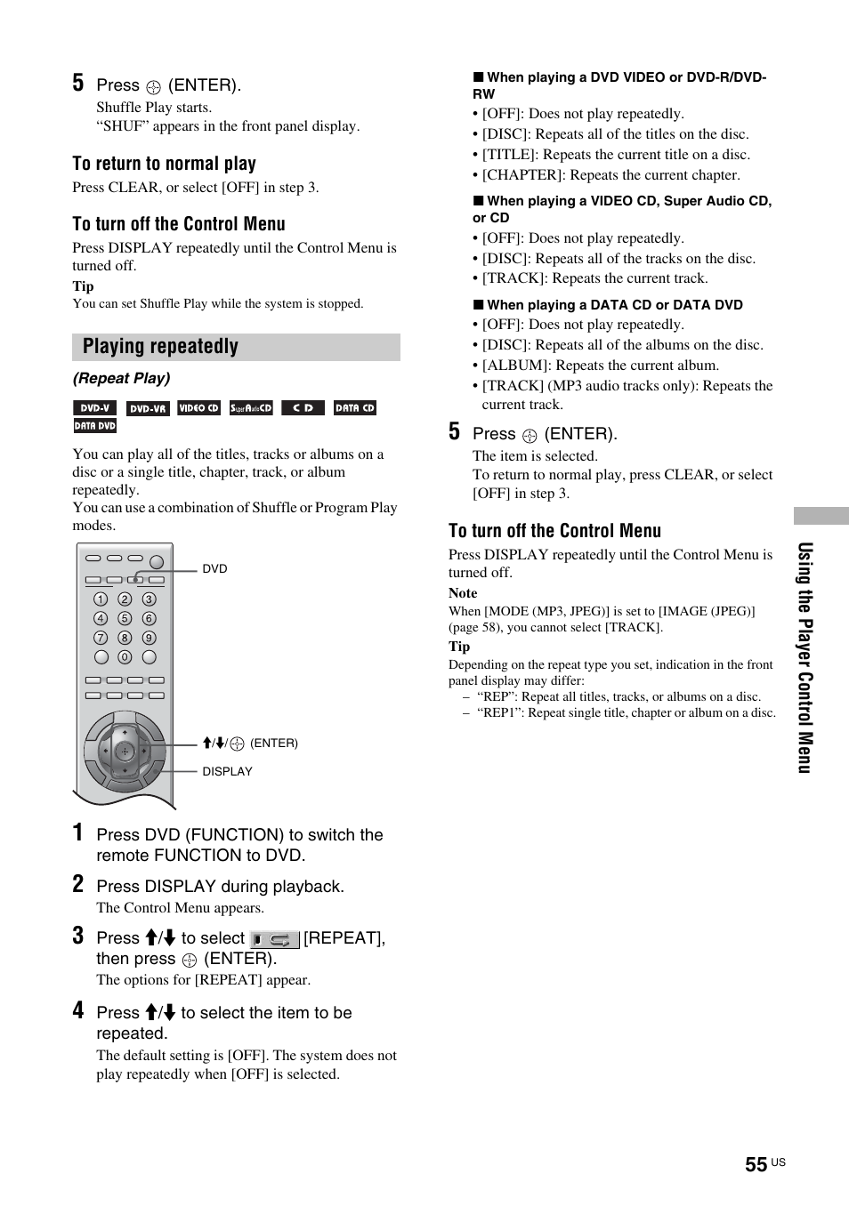 Playing repeatedly, Repeat play) | Sony TAV-L1 User Manual | Page 55 / 88