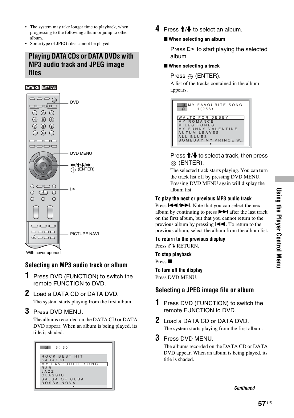 Playing data cds or data dvds with mp3, Audio track and jpeg image files | Sony TAV-L1 User Manual | Page 57 / 88