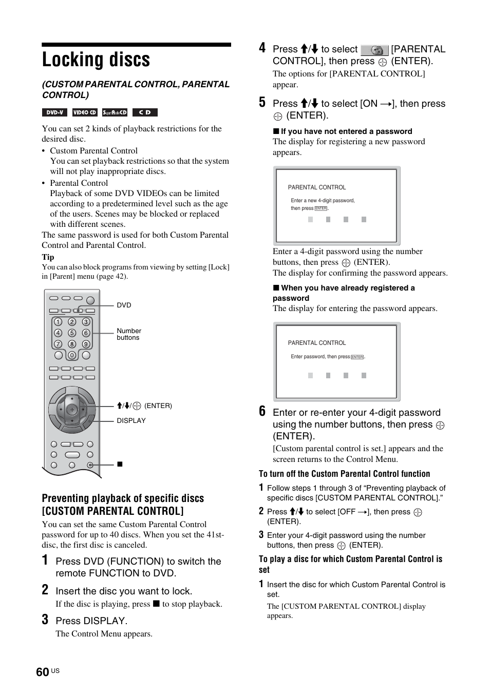 Locking discs, Custom parental control, parental control), Custom parental control | Parental control) | Sony TAV-L1 User Manual | Page 60 / 88