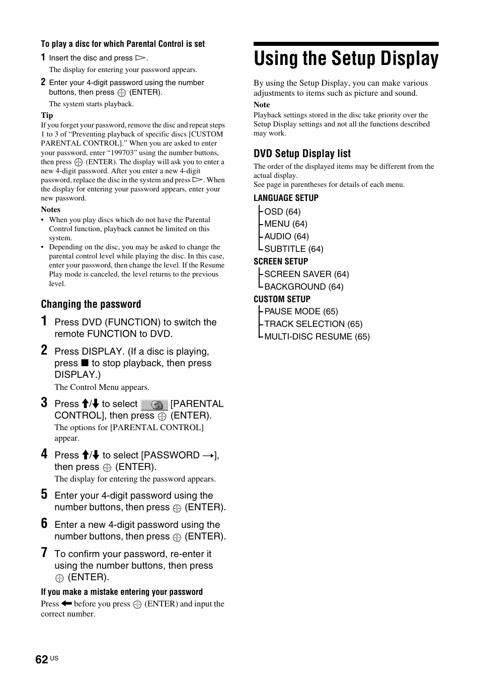 Using the setup display | Sony TAV-L1 User Manual | Page 62 / 88