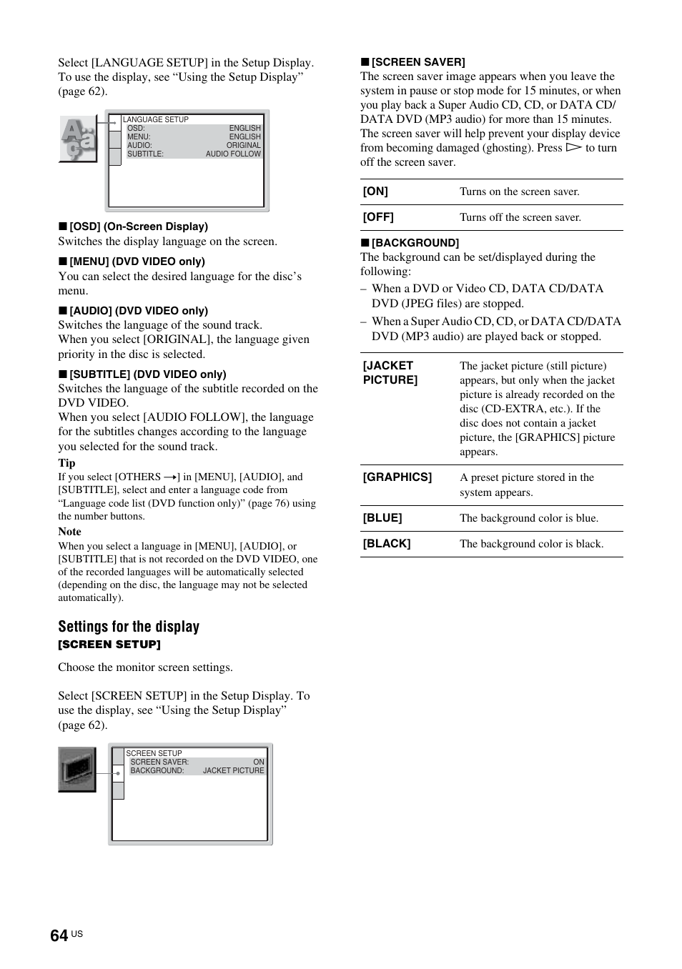 Osd (64), Udio (64), Ver (64) | Settings for the display | Sony TAV-L1 User Manual | Page 64 / 88