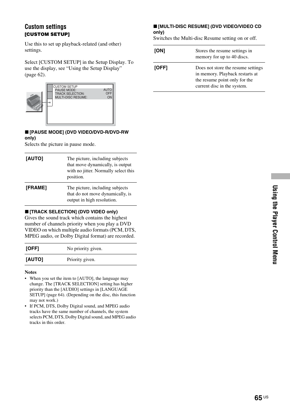 De (65), Usin g th e player con trol me nu, Custom settings | Sony TAV-L1 User Manual | Page 65 / 88