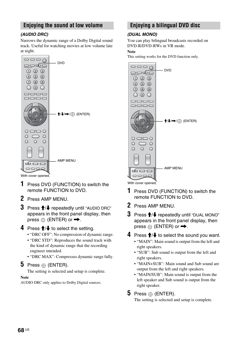 Enjoying the sound at low volume, Audio drc), Enjoying a bilingual dvd disc | Dual mono) | Sony TAV-L1 User Manual | Page 68 / 88