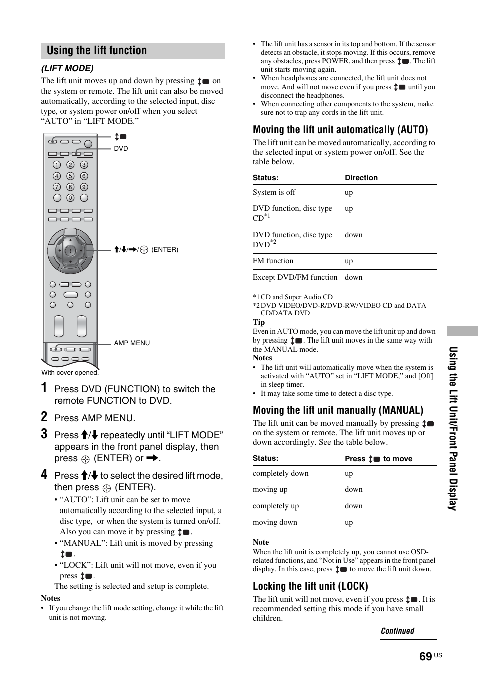 Using the lift function, Lift mode) | Sony TAV-L1 User Manual | Page 69 / 88