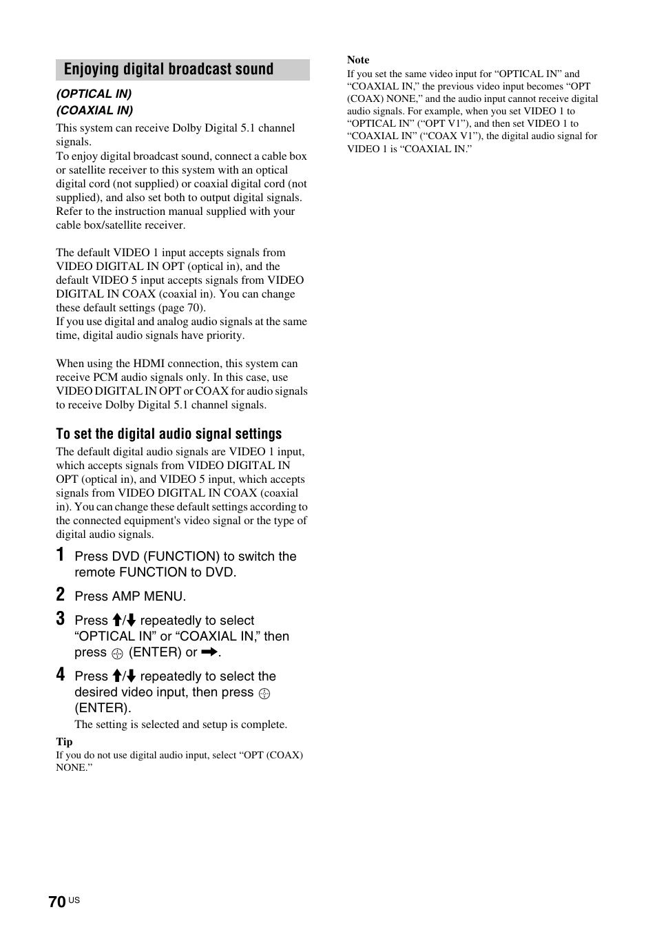 Enjoying digital broadcast sound, Optical in), Coaxial in) | Optical in) (coaxial in) | Sony TAV-L1 User Manual | Page 70 / 88