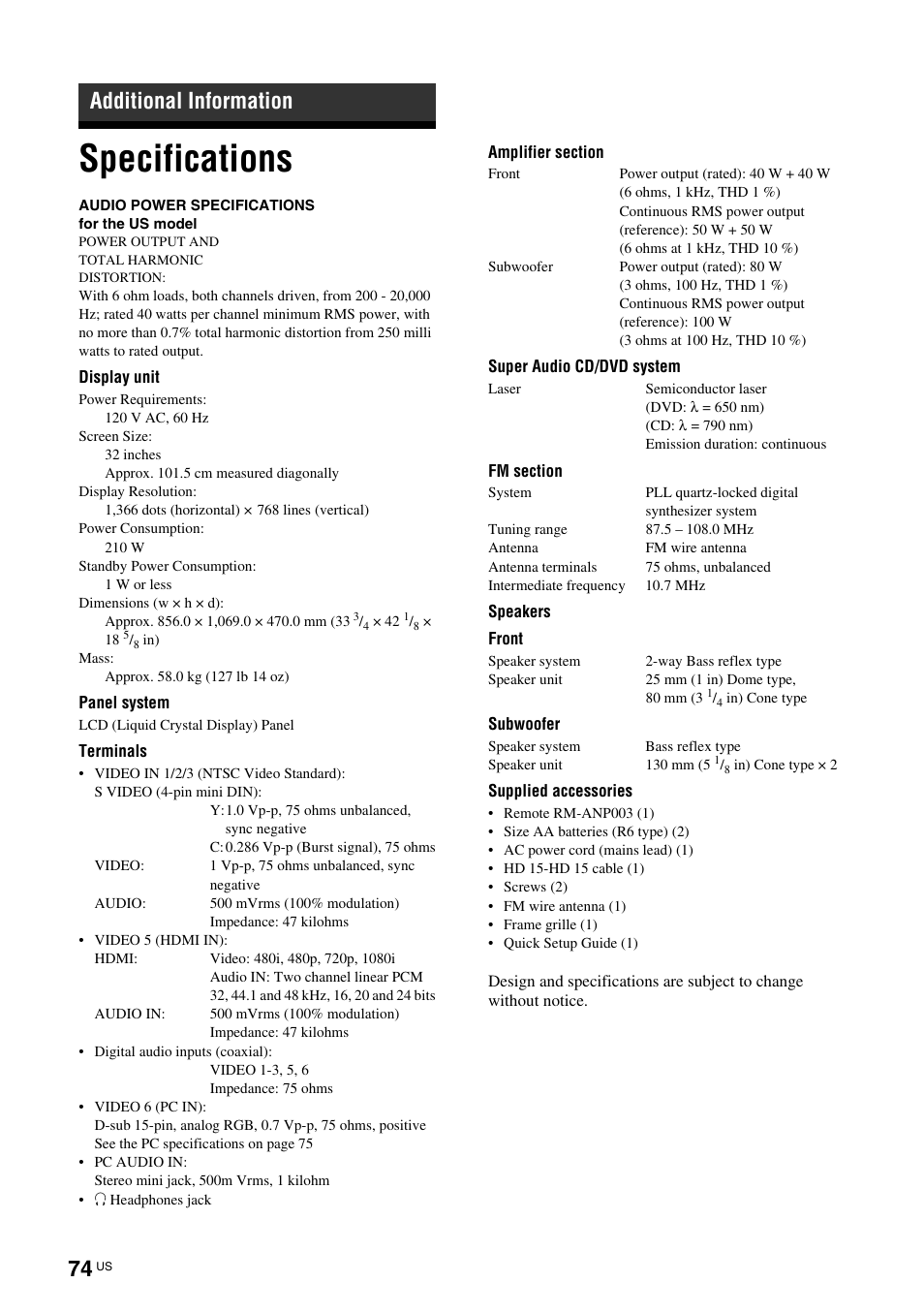 Additional information, Specifications | Sony TAV-L1 User Manual | Page 74 / 88