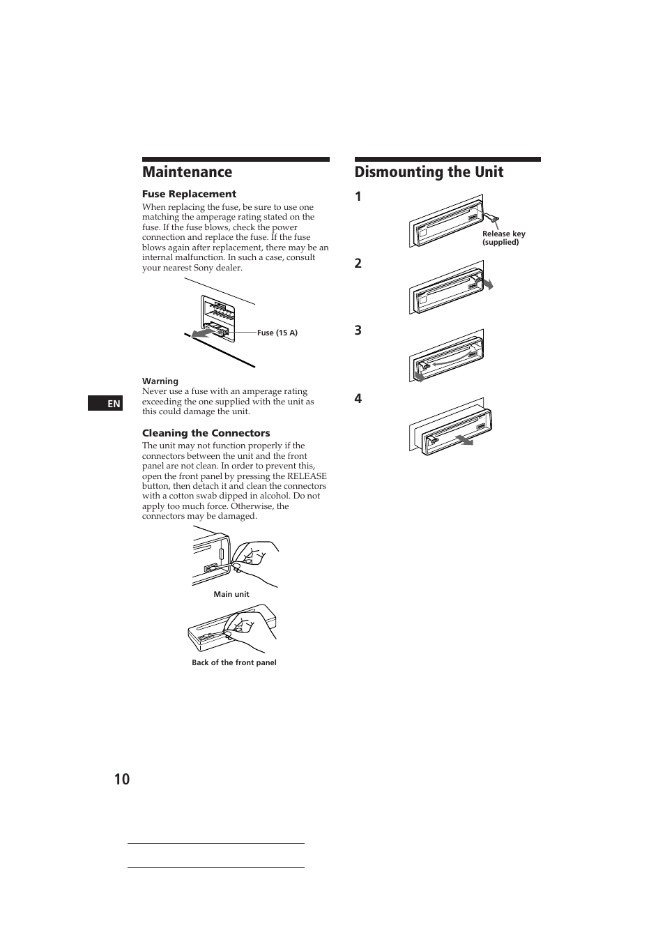 Dismounting the unit, Maintenance | Sony CDX-3100 User Manual | Page 10 / 54