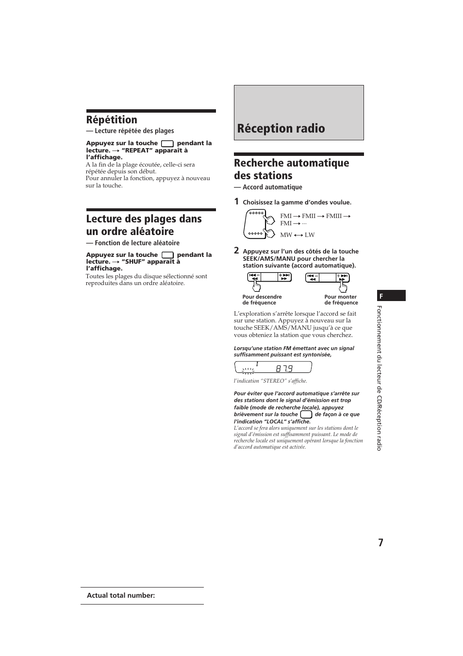 Réception radio, Recherche automatique des stations, Répétition | Lecture des plages dans un ordre aléatoire | Sony CDX-3100 User Manual | Page 20 / 54