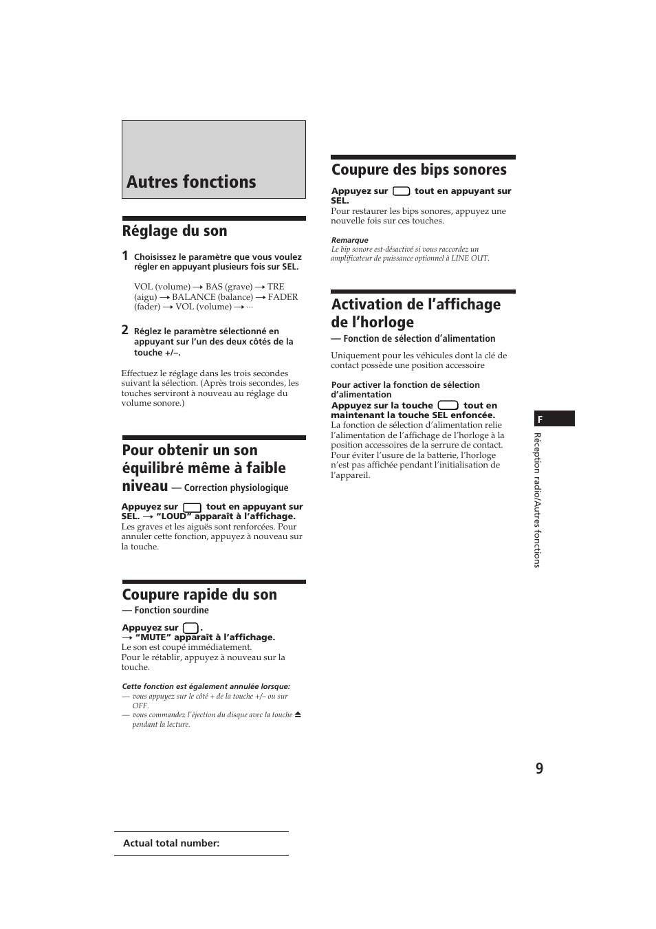 Autres fonctions, Réglage du son, Pour obtenir un son équilibré même à faible niveau | Coupure rapide du son, Coupure des bips sonores, Activation de l’affichage de l’horloge | Sony CDX-3100 User Manual | Page 22 / 54
